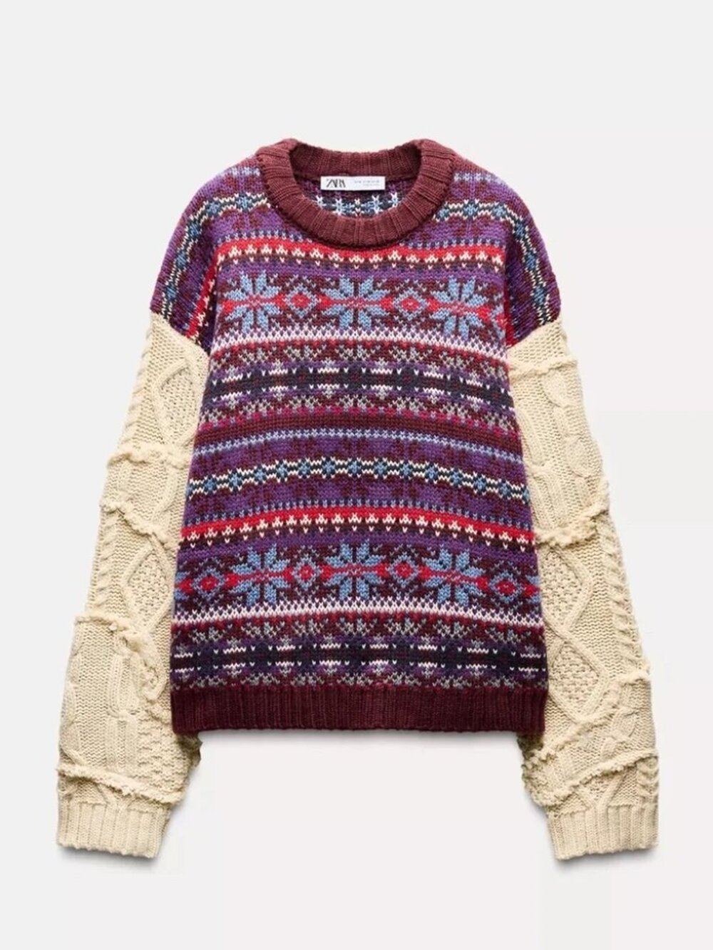 NWT: ZARA Contrasting Knit Jacquard Cream Multicolor Fair Isle Sweater